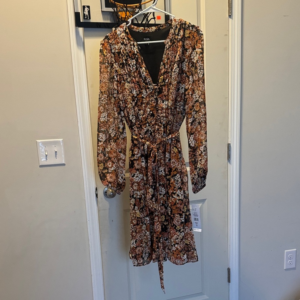 MSK Floral V-Neck Midi Dress - Black and Brown